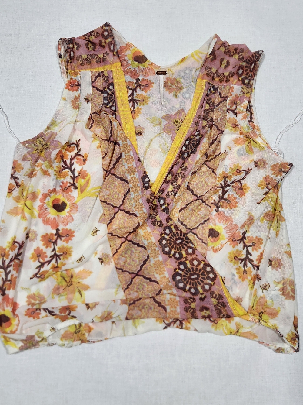 Floral Printed V-Neck Sleeveless Free People Blouse - Yellow & Pink